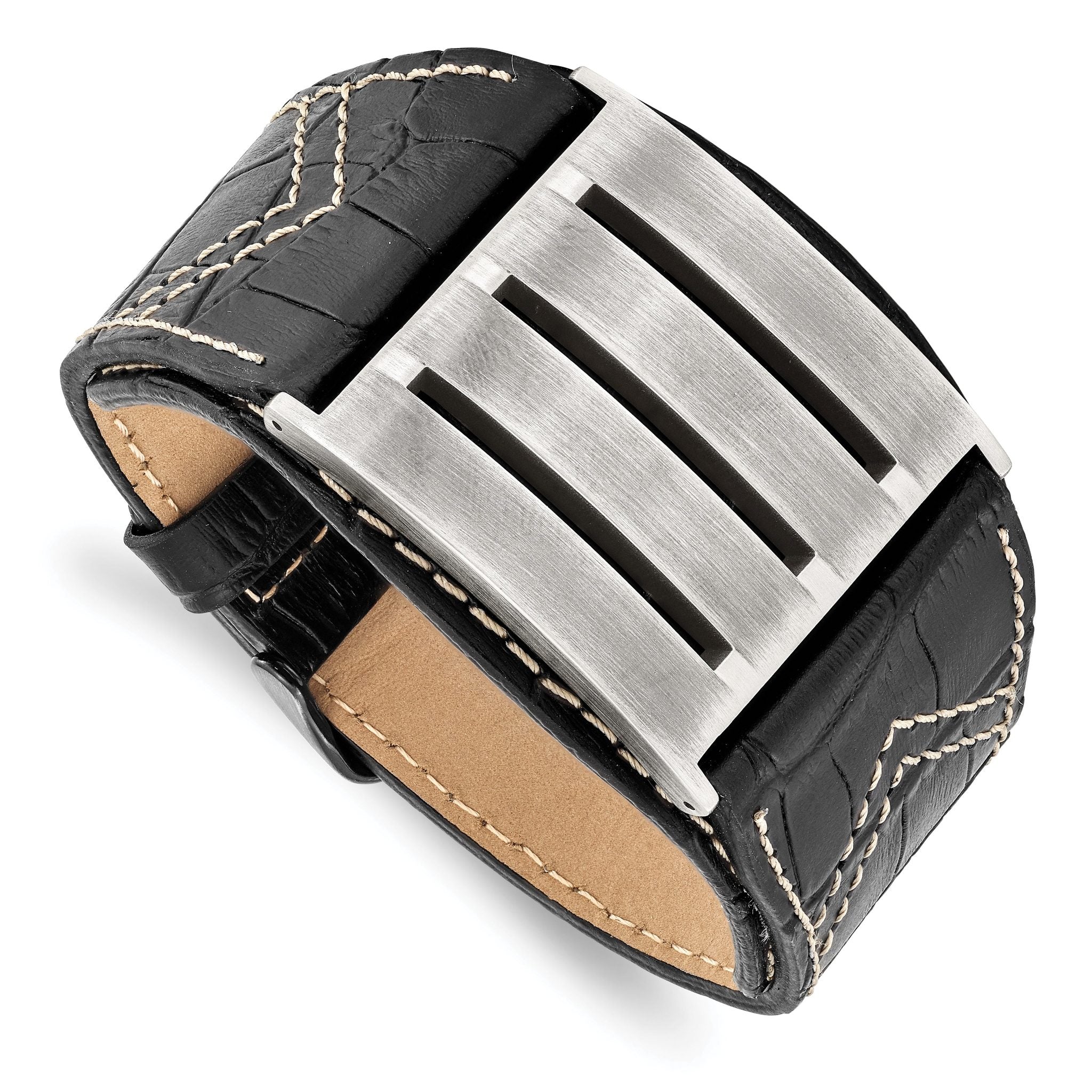 Stainless Steel Brushed Black Leather Adjustable Buckle Bracelet Main image