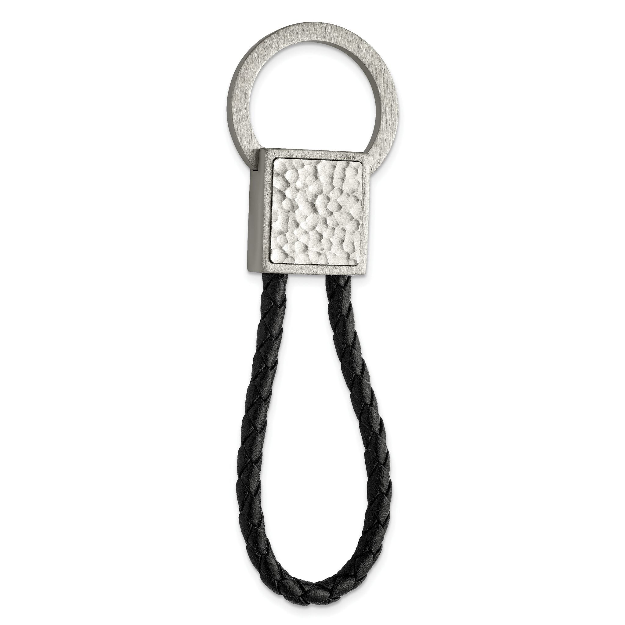 Chisel Stainless Steel Brushed and Hammered Black Leather Key Ring Main image