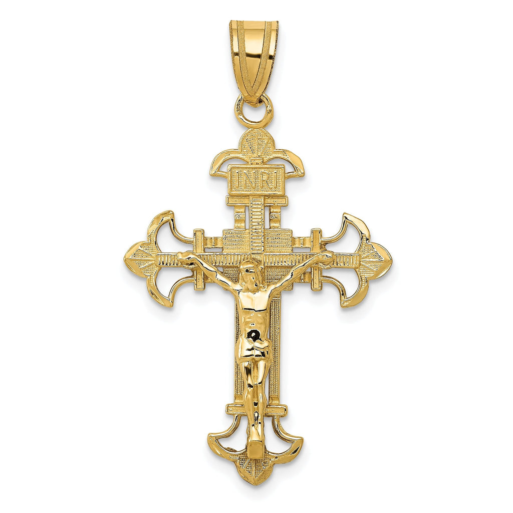14K Gold INRI Fleur De Lis Crucifix Pendant Elegant Themed Design