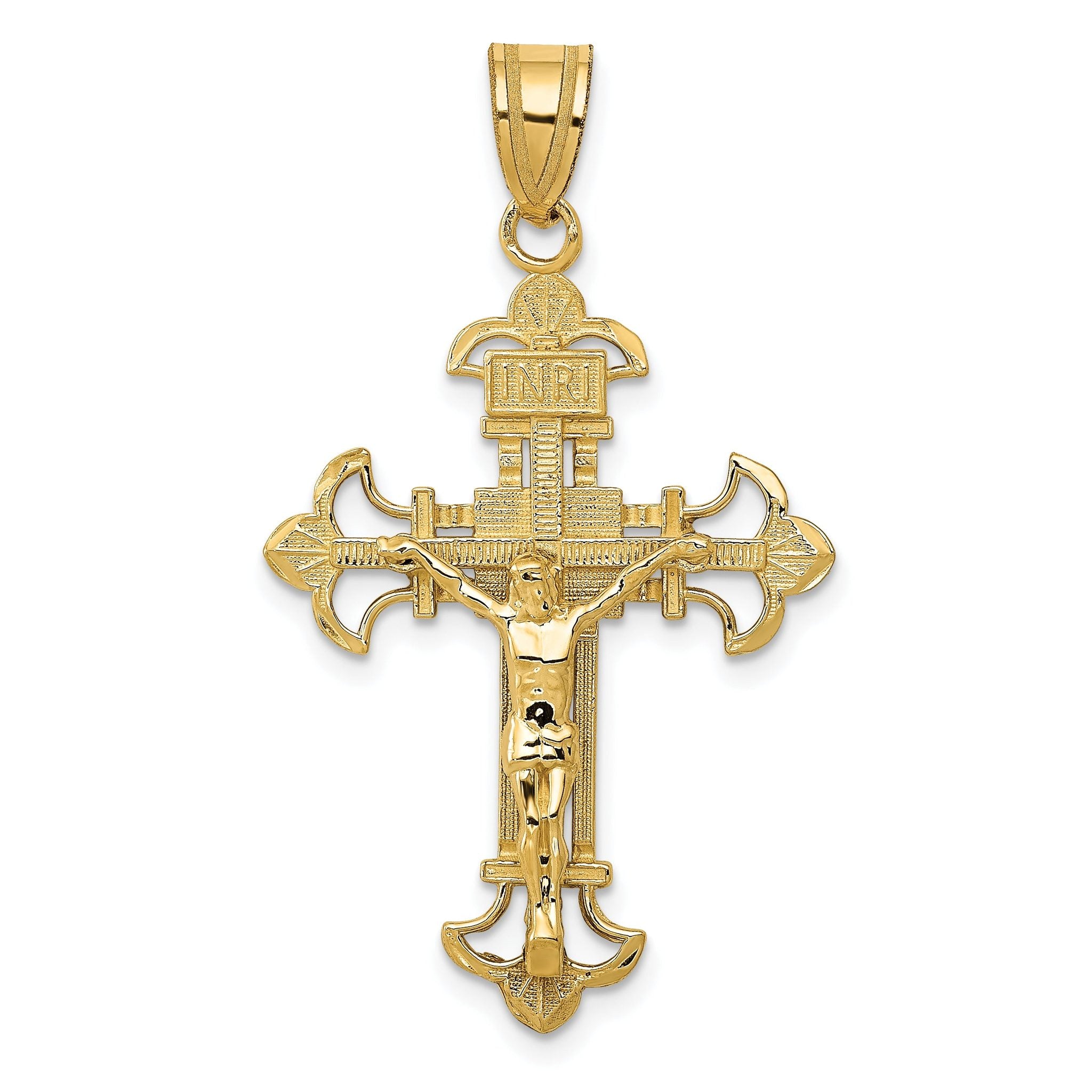 14K Gold INRI Fleur De Lis Crucifix Pendant Elegant Themed Design