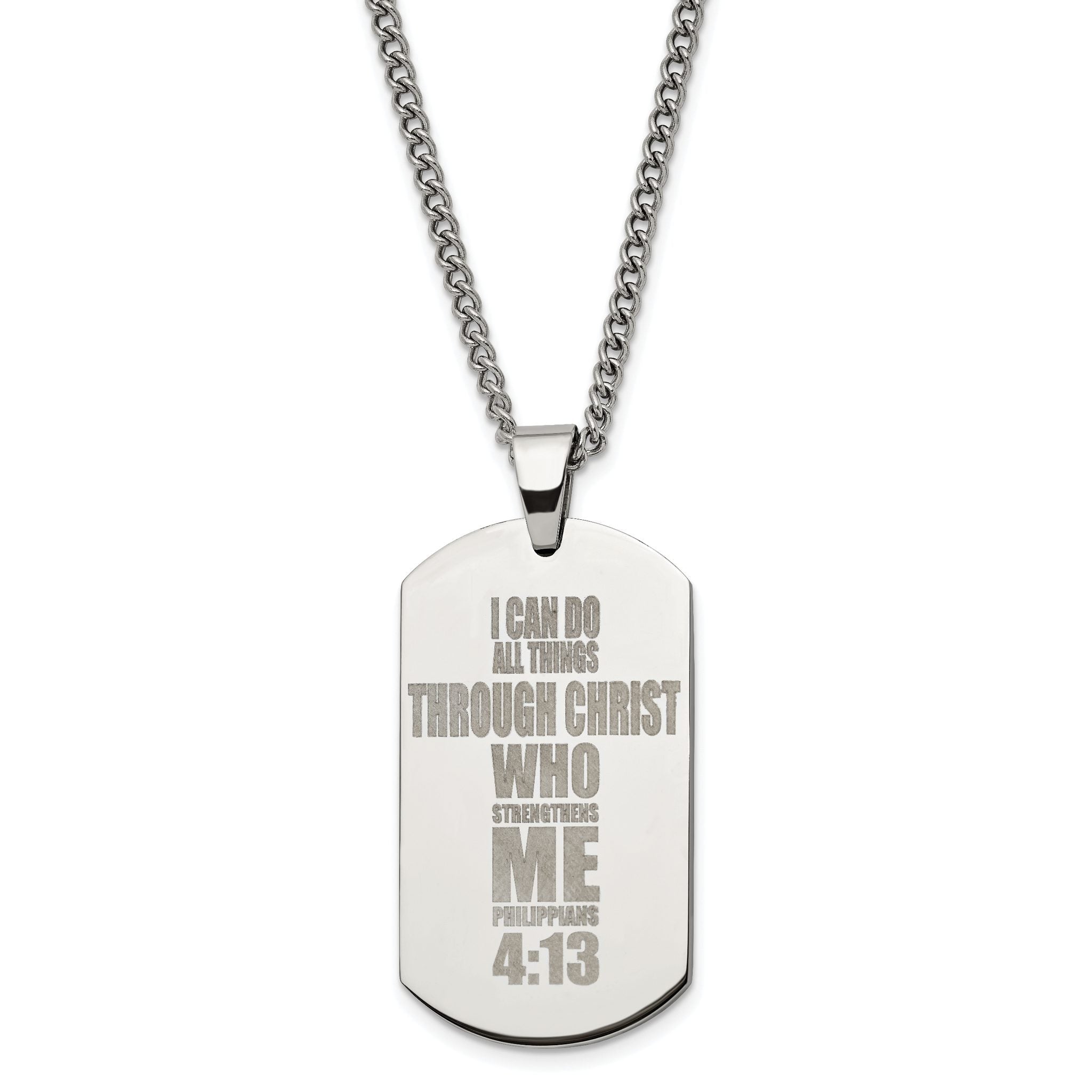 Chisel Stainless Steel Polished Lasered Philippians 4:13 Dog Tag on a 24 inch Curb Chain Necklace Main image