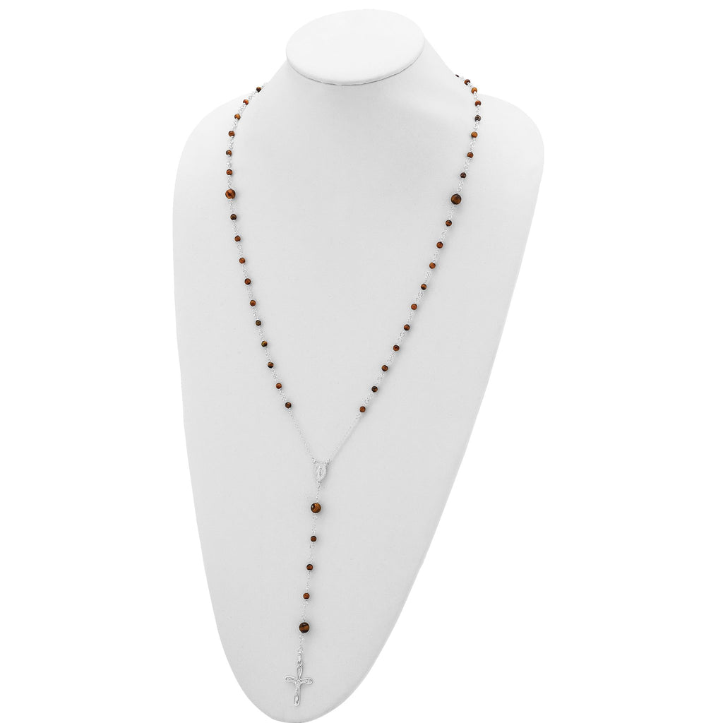Sterling Silver Tiger Eye Rosary Necklace 33 Polished Women's Jewelry