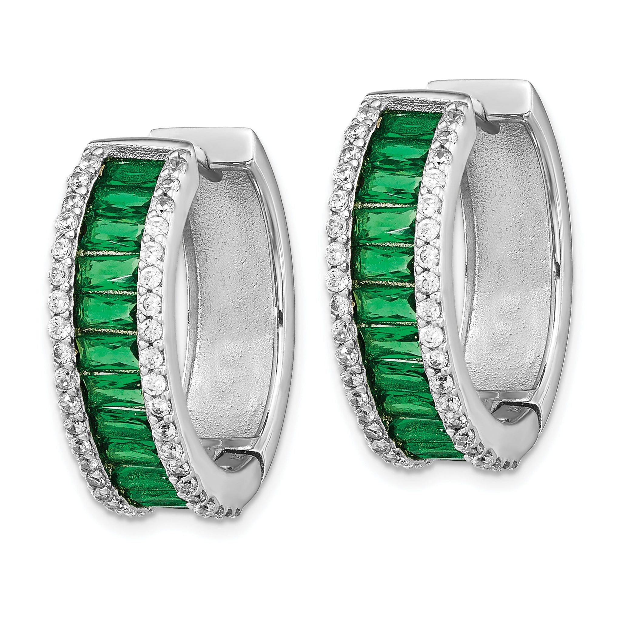 Cheryl M Sterling Silver Rhodium-plated Emerald-cut Green Nano Crystal and Brilliant-cut White CZ Round Hinged Hoop Earrings Secondary image