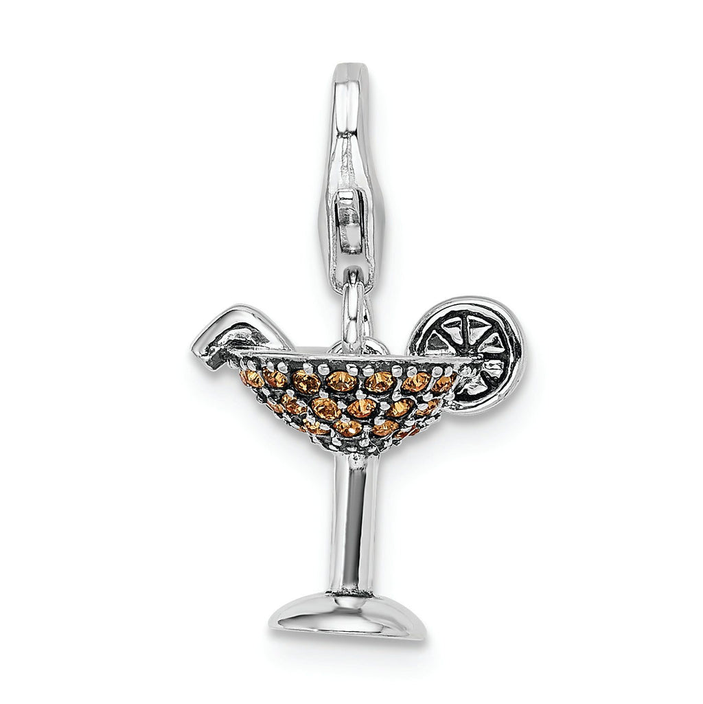 Sterling Silver 925 Crystal Martini Glass Charm Rhodium-Plated