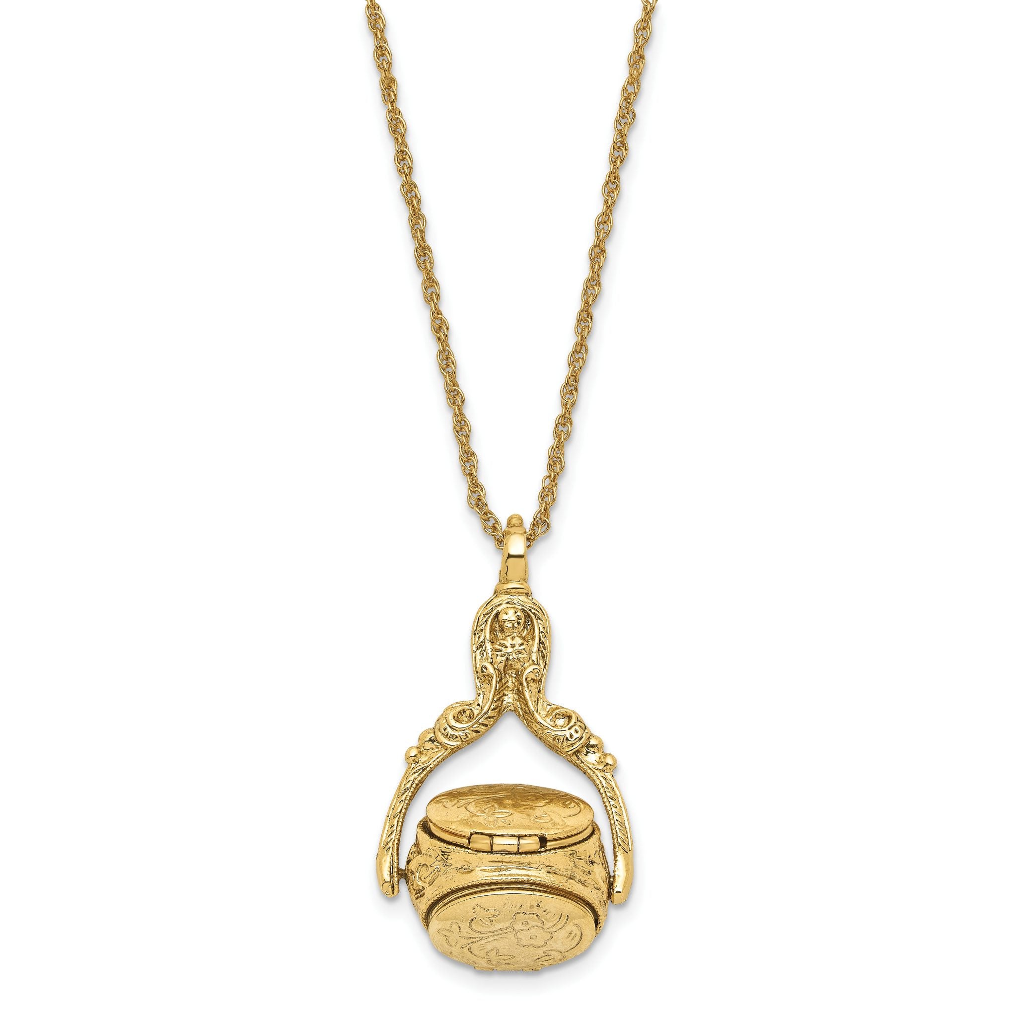 1928 Jewelry Gold-tone Three Sided Spinning Floral Pattern Oval 13mm Lockets 30 inch Necklace Holds 6 Photos Secondary image