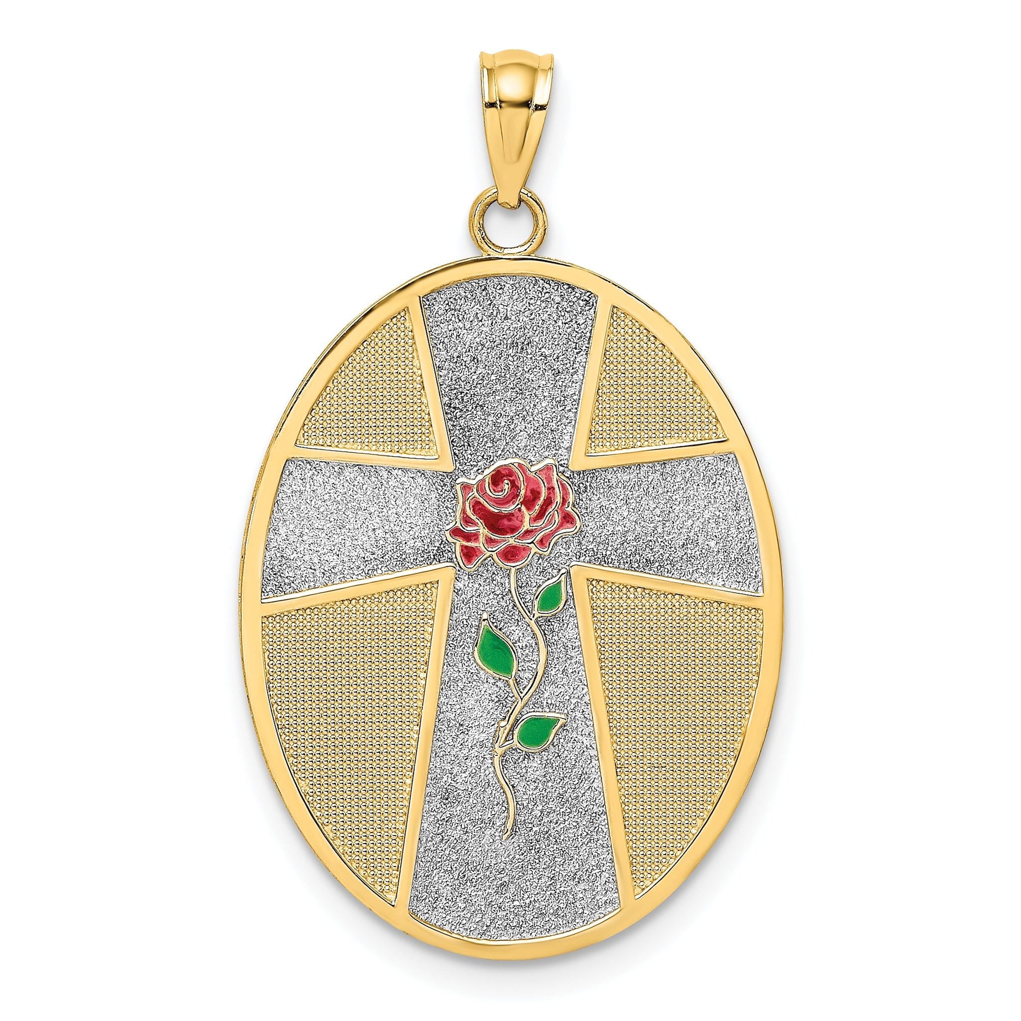 14K w/ Rhodium Enamel Rose Serenity Prayer Oval Disc Charm