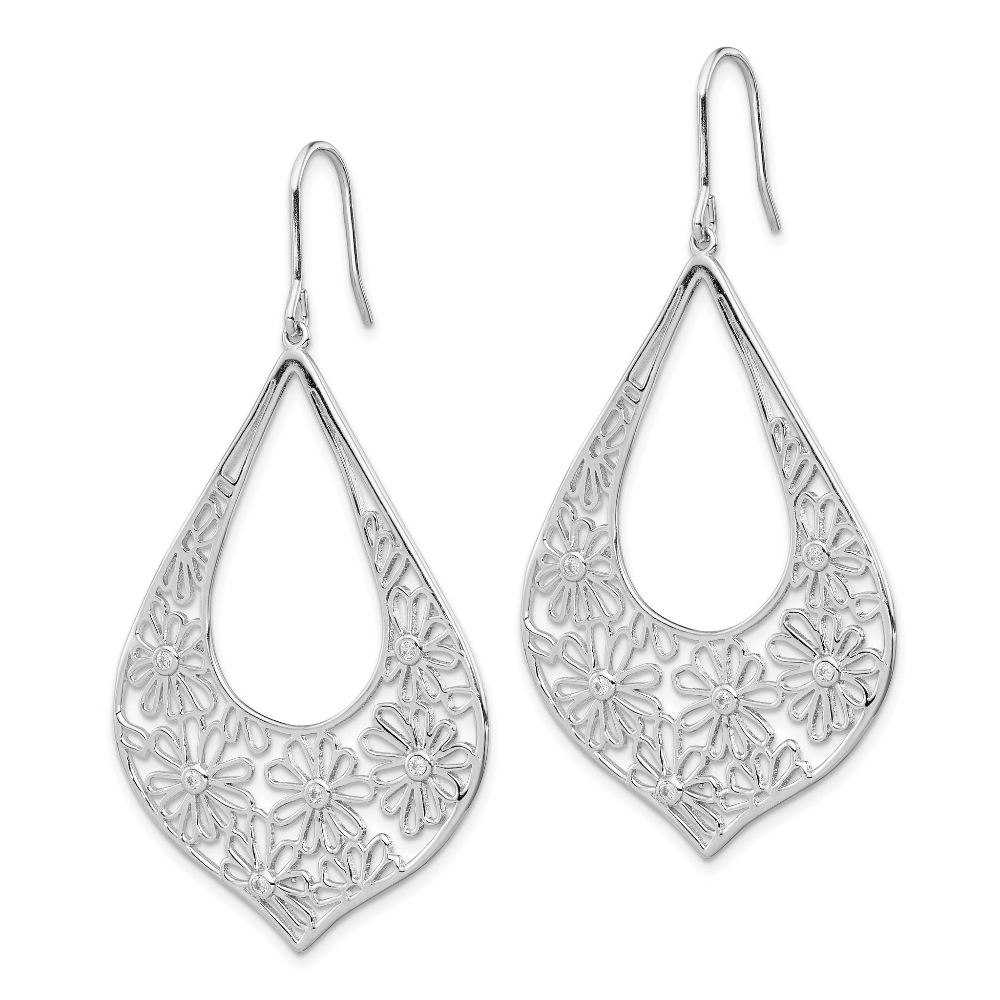 Sterling Silver Rhodium-plated Polished CZ Floral Teardrop Dangle Earrings Secondary image
