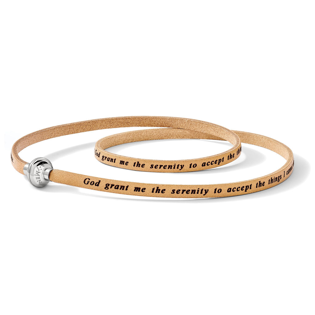 AMEN Stainless Steel Serenity Prayer Tan Leather Wrap with Magnetic Clasp 22.25 Inch Bracelet