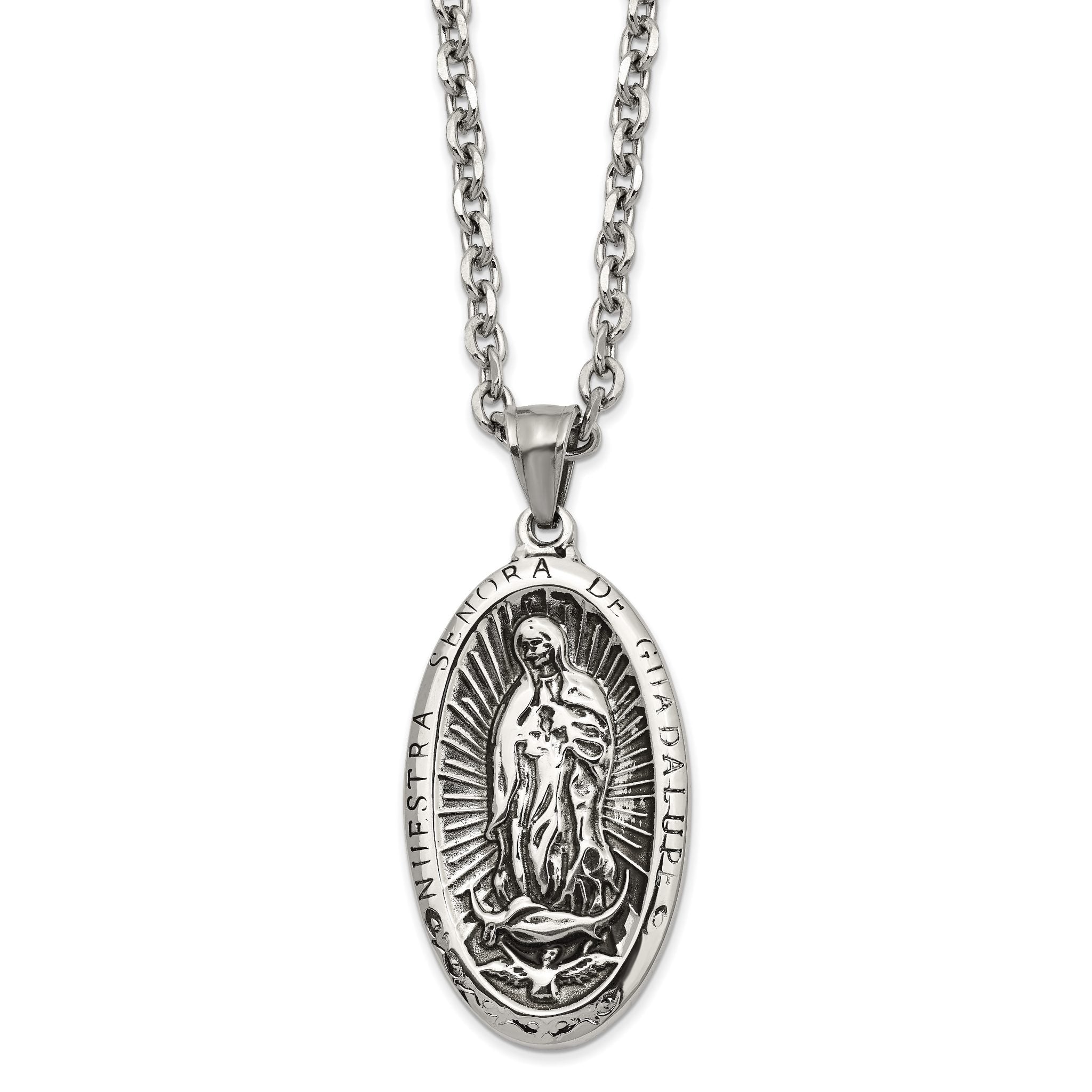 Chisel Stainless Steel Antiqued and Polished Spanish Lady of Guadalupe Pendant on a 24 inch Cable Chain Necklace Main image