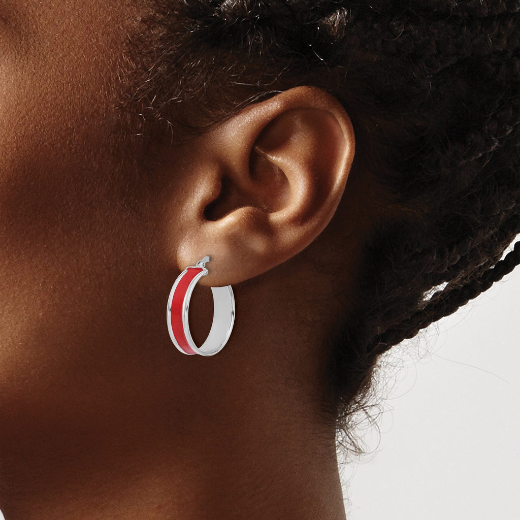 Sterling Silver RH-plt Polished Red Enamel Round Hoop Earrings