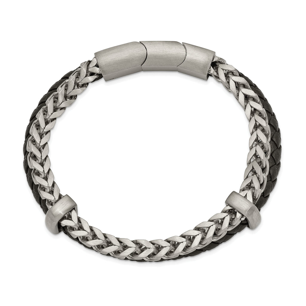 Stainless Steel Brushed Chian and Black Braided Leather Bracelet with . Extension for Men