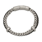 Stainless Steel Brushed Chian and Black Braided Leather Bracelet with . Extension for Men