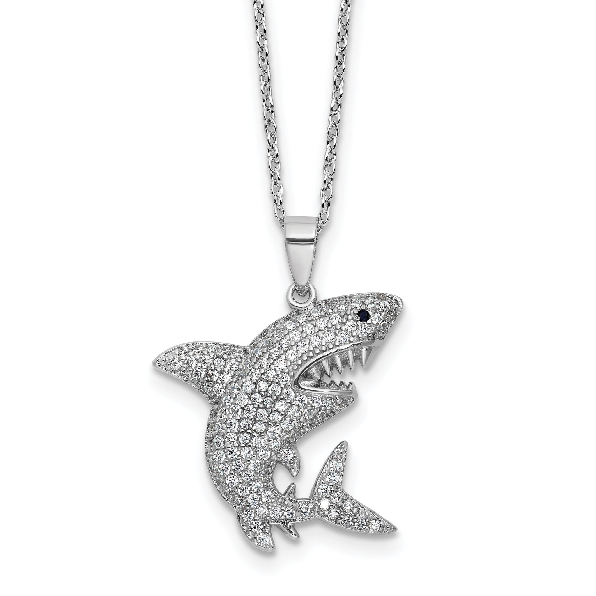 Cheryl M Sterling Silver Rhodium-plated Polished Lab Created Black Spinel and CZ Shark with 2 Inch Extension Necklace Main image