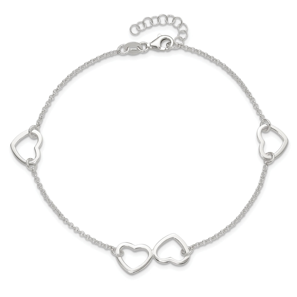 Sterling Silver Hearts 9 inch Plus 1 inch Extender - Total 10 inch Anklet