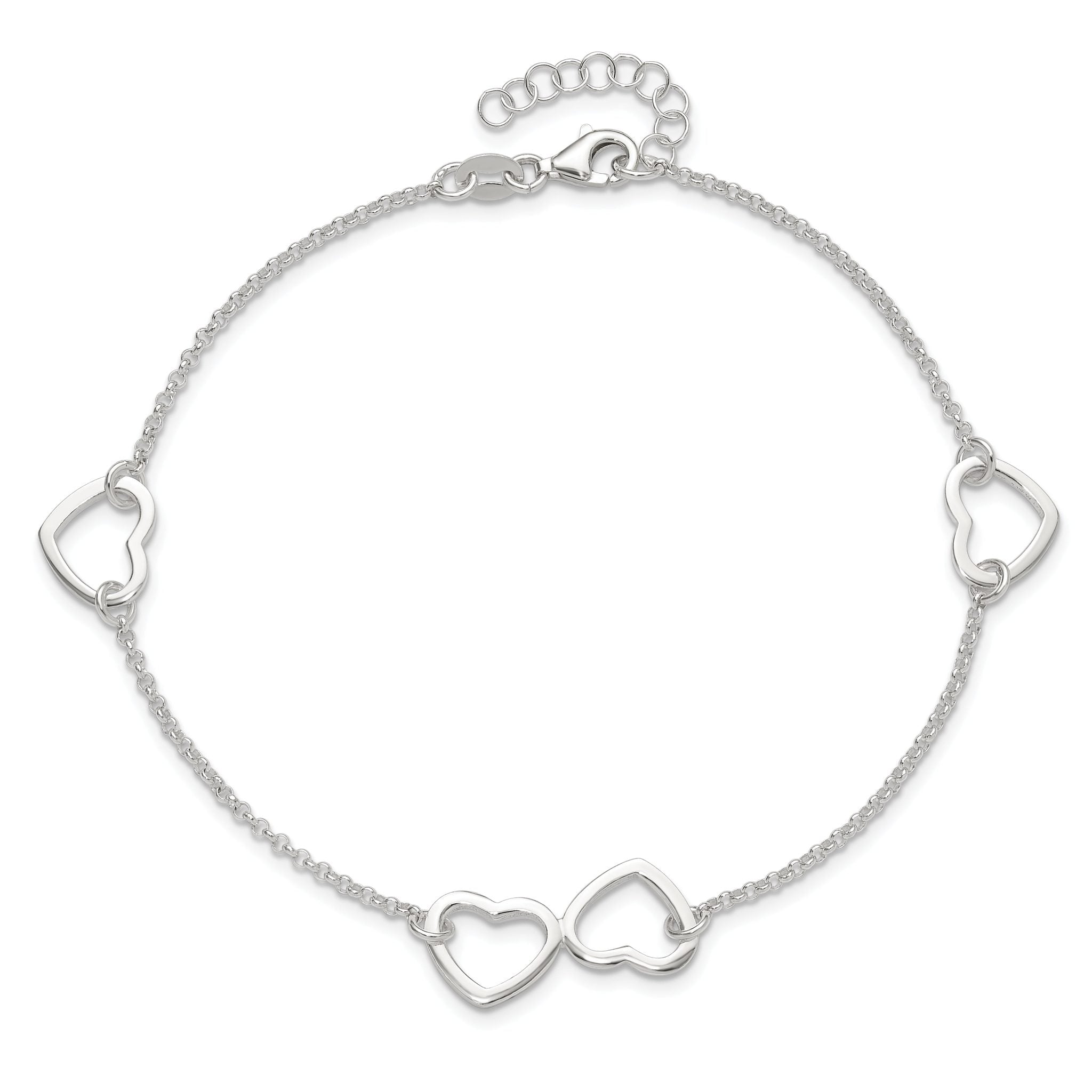 Sterling Silver Hearts 9 inch Plus 1 inch Extender - Total 10 inch Anklet