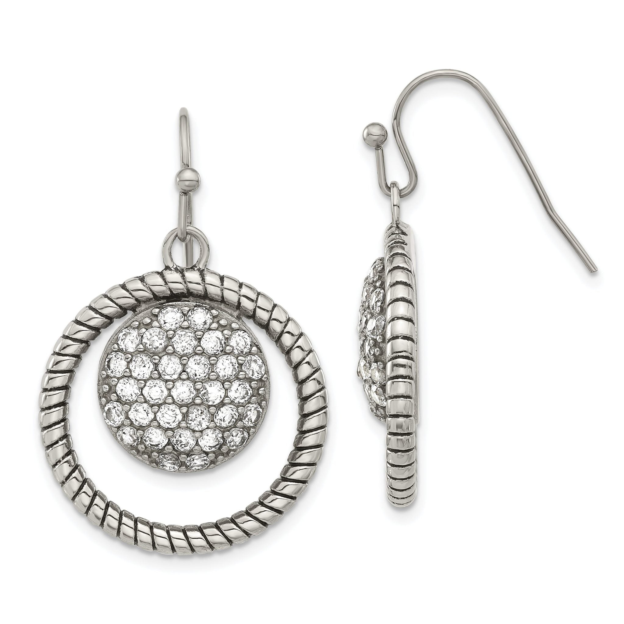 Stainless Steel Polished & Antiqued Cubic Zirconia Drop Dangle Earrings for Women