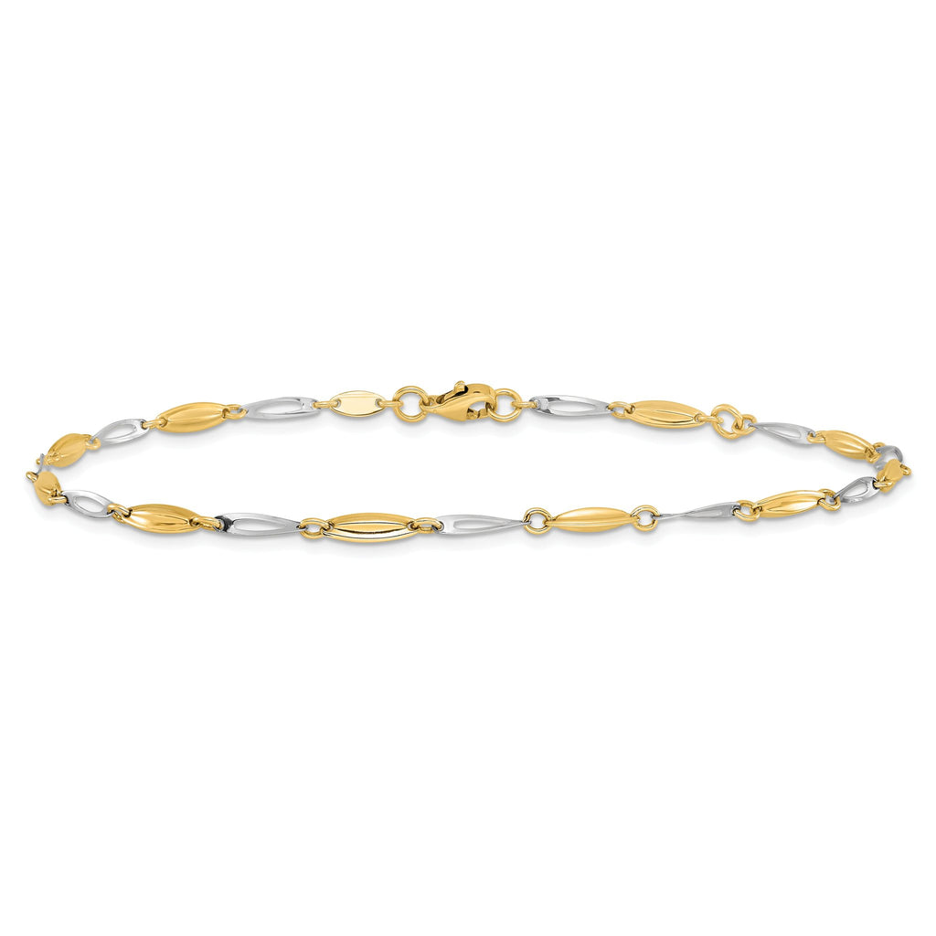14K Two-tone Polished Fancy 9 inch Plus 1 inch Extender - Total 10 inch Anklet