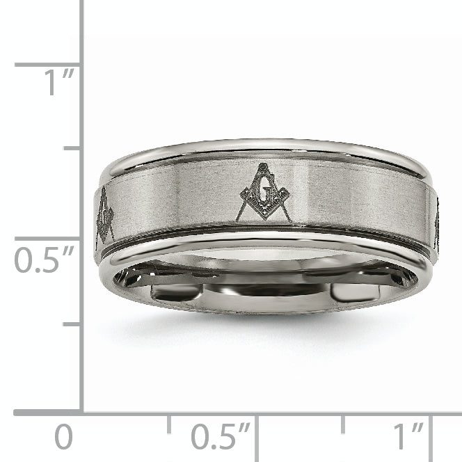 Titanium Masonic Wedding Band with Laser Design and Ridged Edge