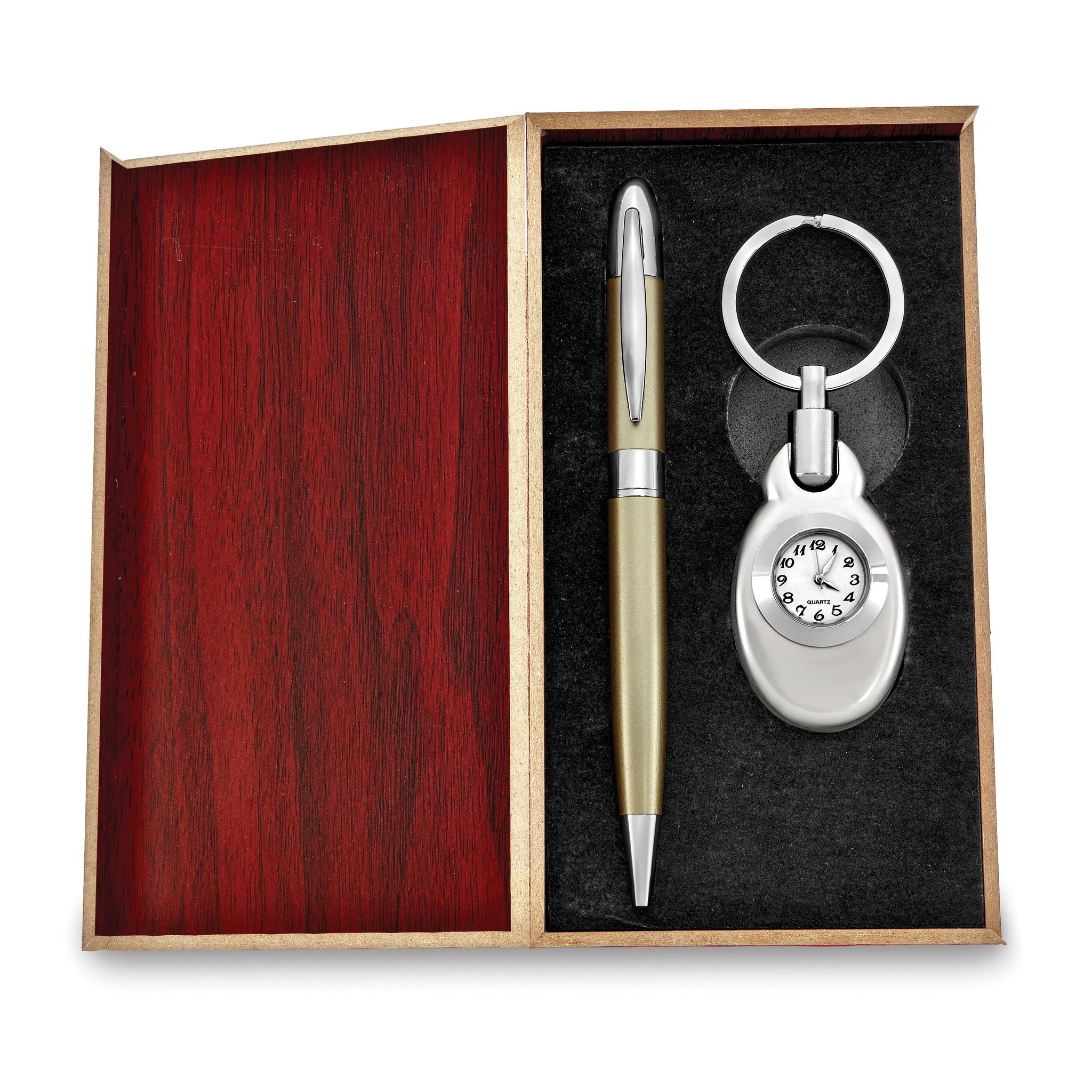 Silver-tone Watch Key Ring and Gold-tone Pen Set in Wooden Gift Box