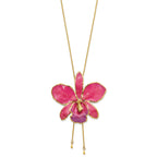 24K Gold-trim Lacquer Dipped Fuchsia Real Cattleya Orchid Slip-on Adjustable Gold-tone Necklace