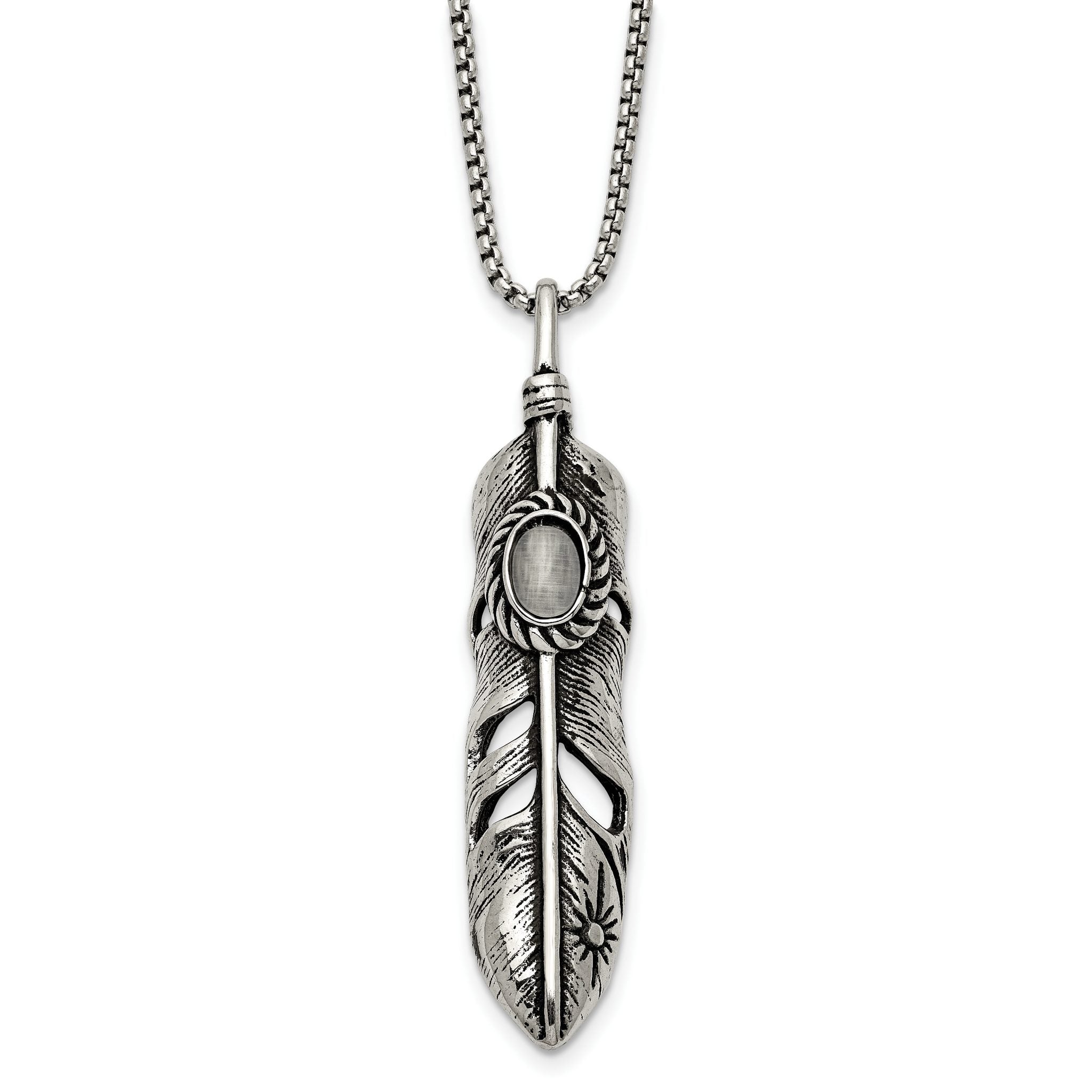 Chisel Stainless Steel Antiqued and Polished with White Cat's Eye Feather Pendant on a 24 inch Box Chain Necklace Main image