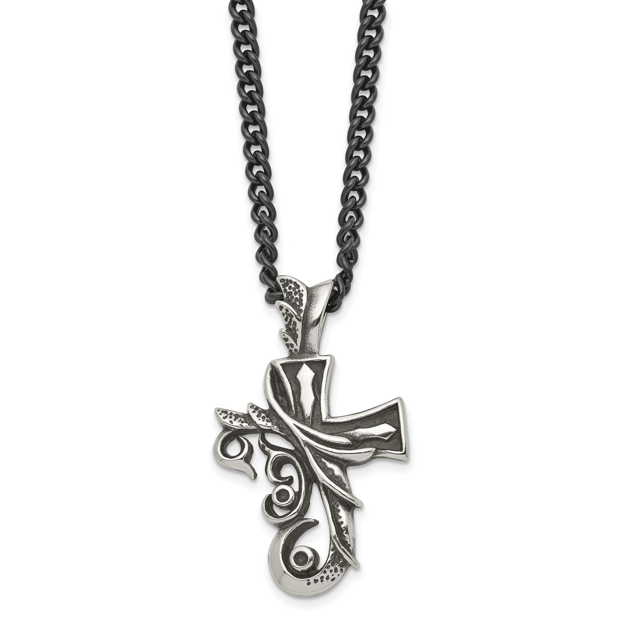 Chisel Stainless Steel Antiqued and Polished Fancy Cross Pendnat on a 20 inch Curb Chain Necklace Main image