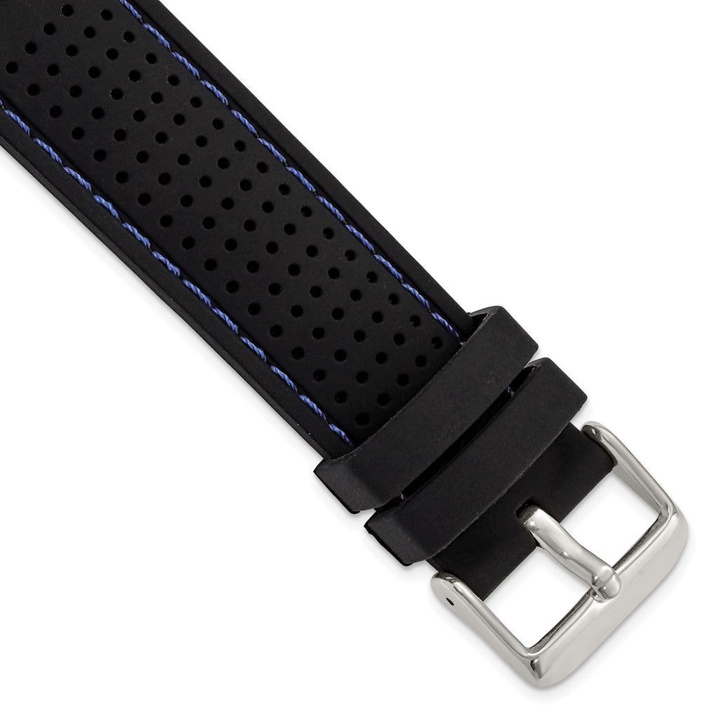 Ventilated Silicone Watch Band in Black with Blue Stitching, 20mm