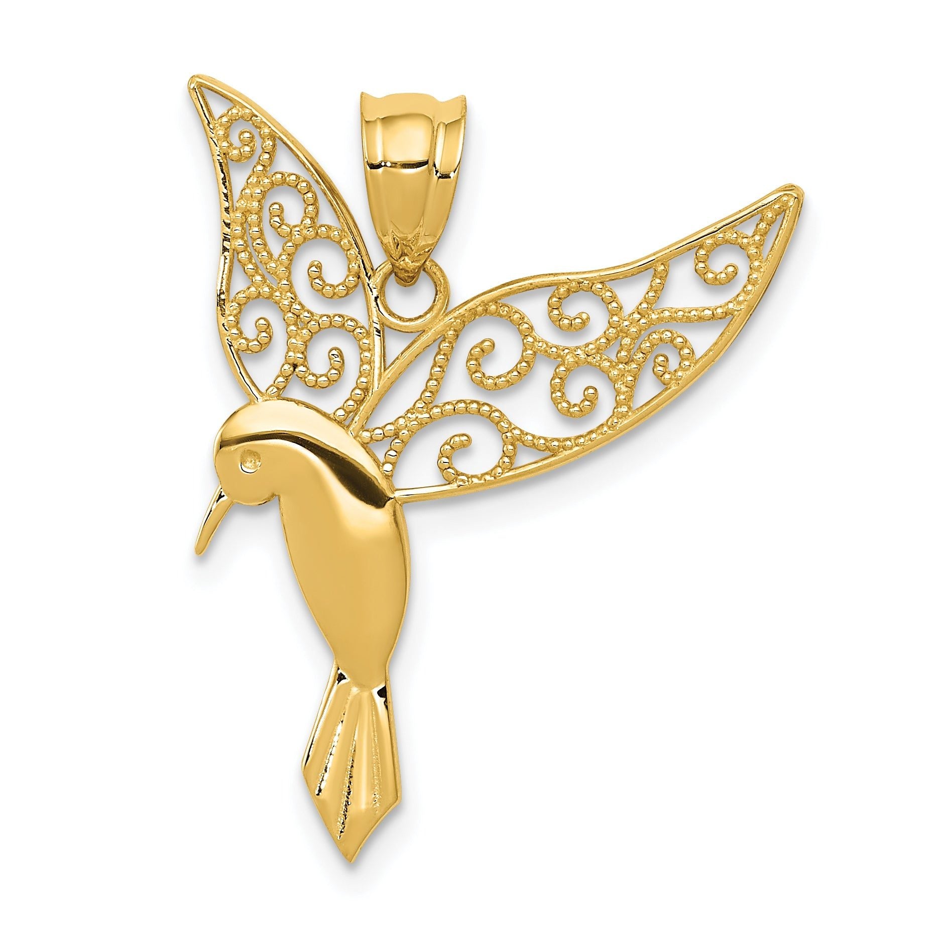 14K Gold Polished Hummingbird Pendant with Filigree Design Main image
