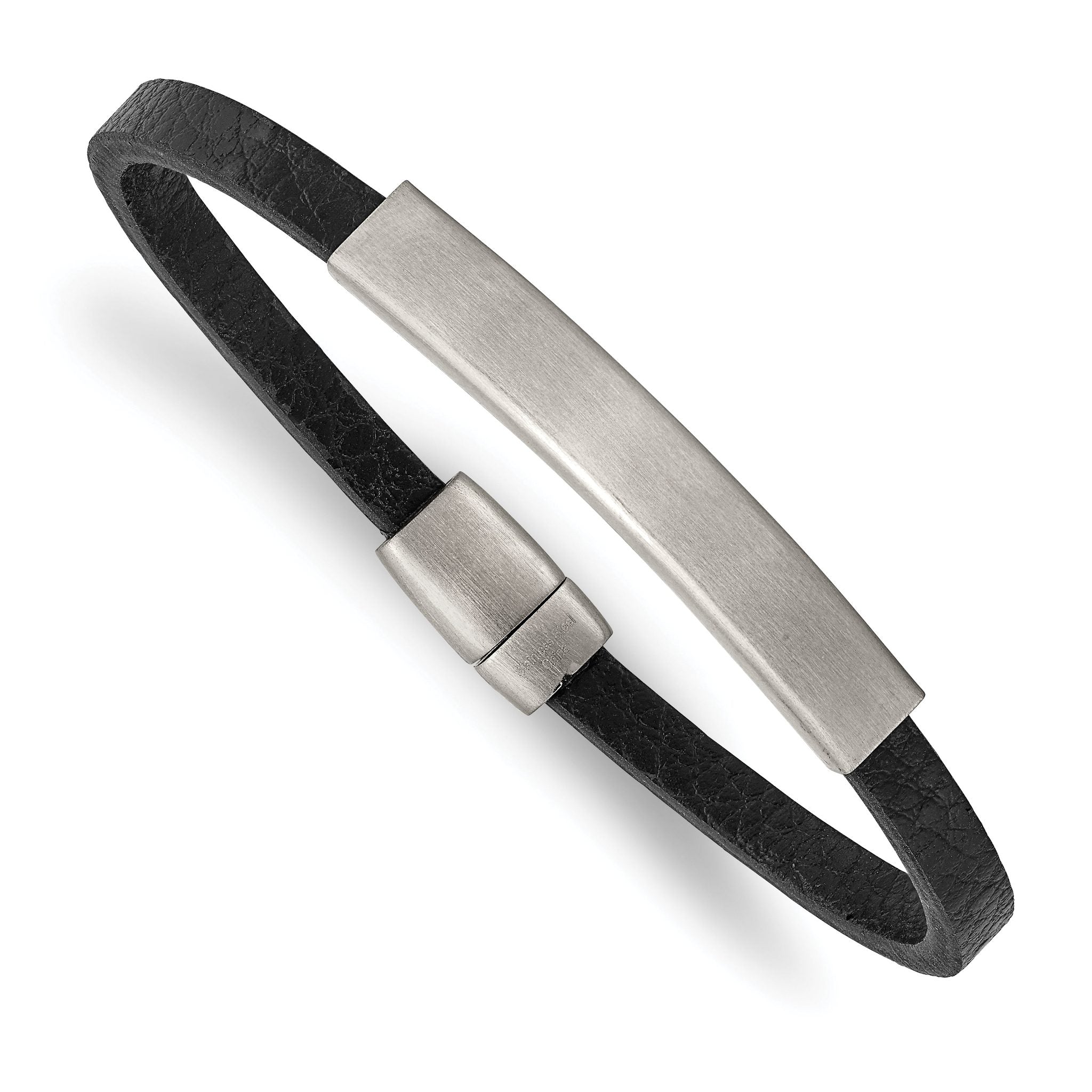 Stainless Steel Brushed Black PU Textured Leather ID Bracelet Main image