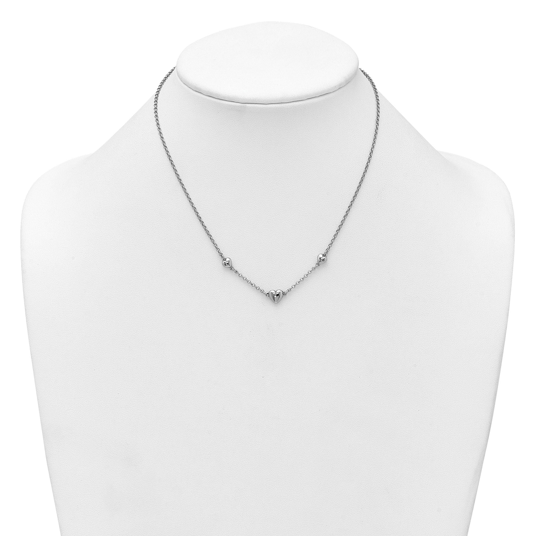Sterling Silver Rhodium-plated Polished Three Puffed Hearts 16 inch with 2 inch Extender Necklace