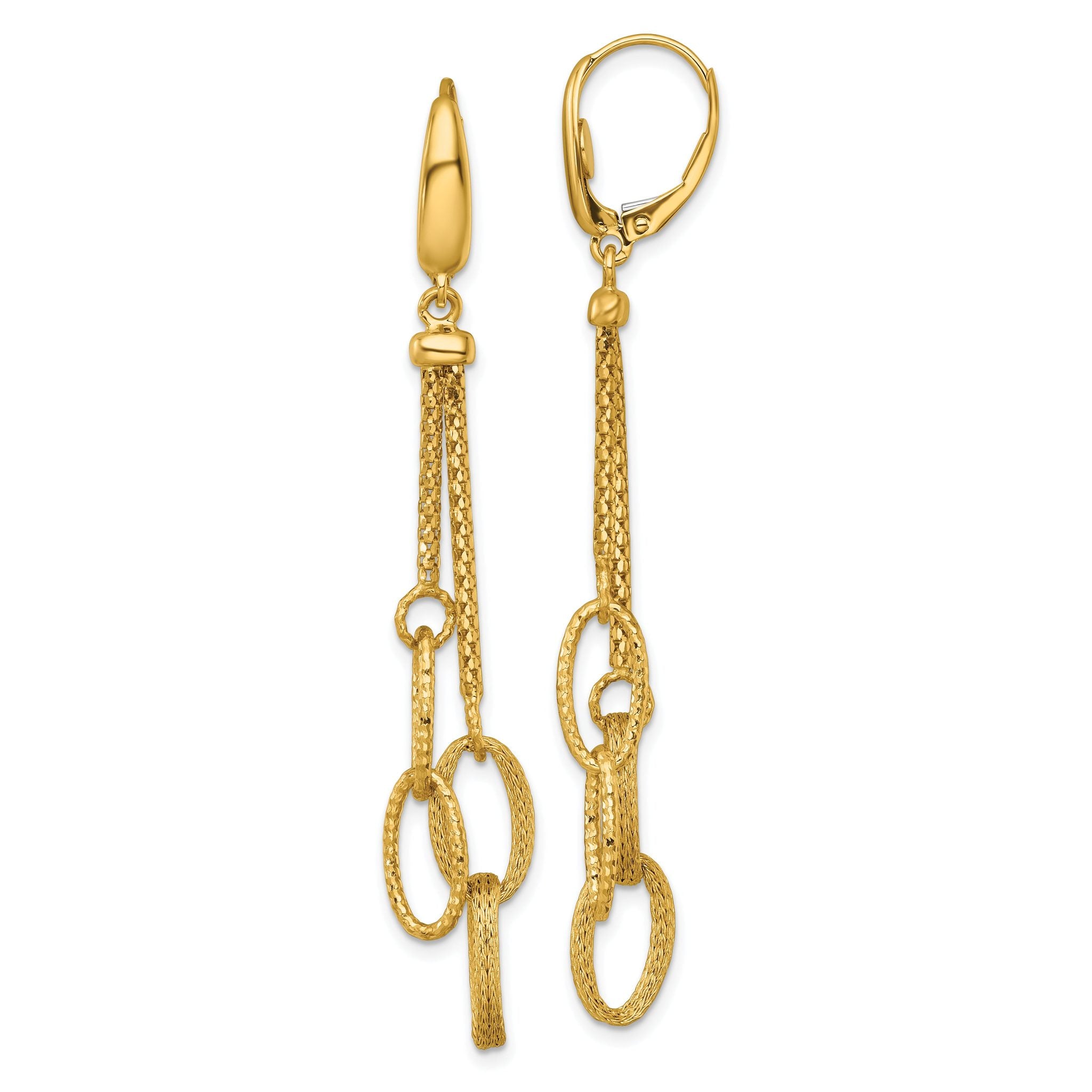 14K Polished and Textured Woven Chain and Oval Links Dangle Leverback Earrings