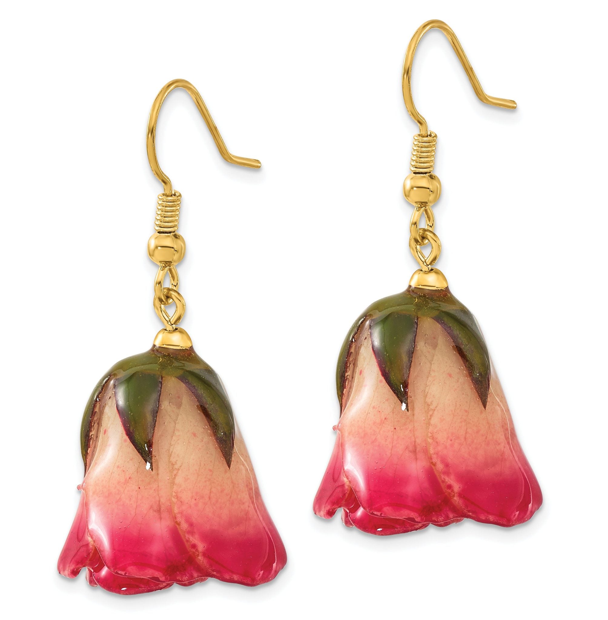 Lacquer Dipped White and Pink Real Rosebud Gold-tone Dangle Wire Earrings Secondary image