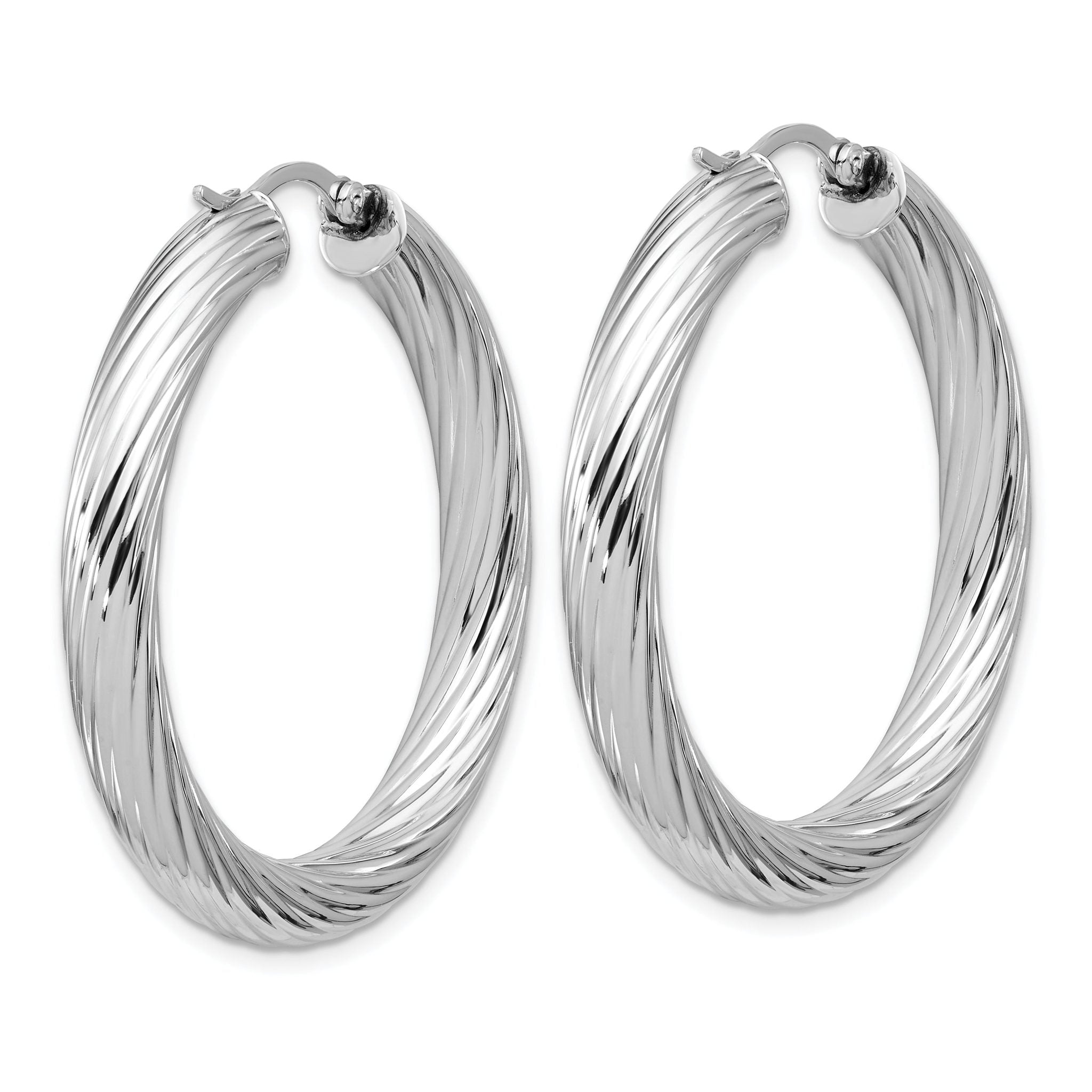 Sterling Silver RH-plat Polish/Grooved Round Hoop Earrings