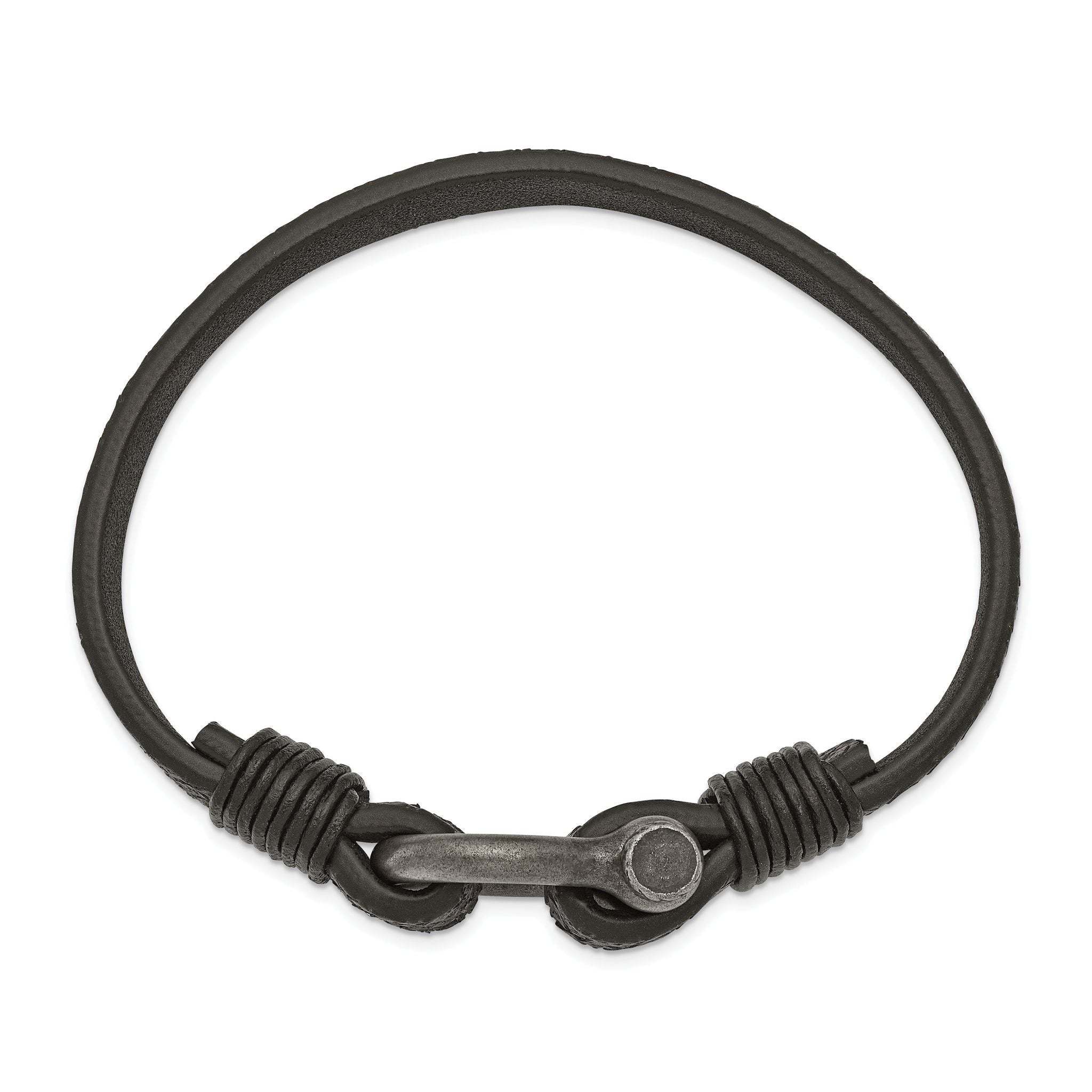 Stainless Steel Antiqued White Bronze Plated Shackle Textured Black Leather Bracelet for Men Secondary image
