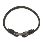Stainless Steel Antiqued White Bronze Plated Shackle Textured Black Leather Bracelet for Men