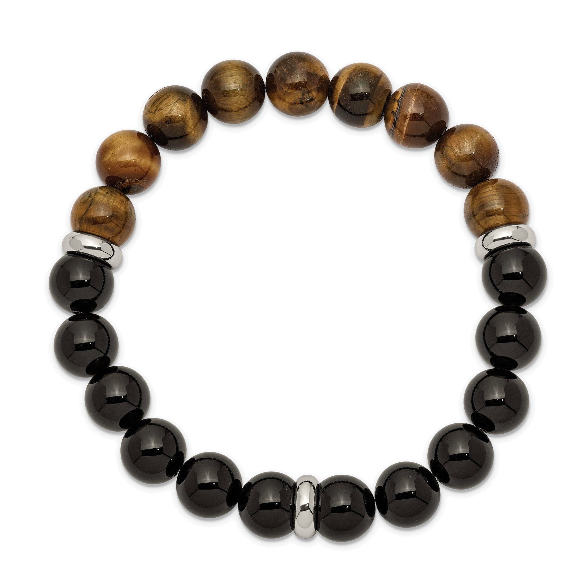 Stainless Steel Polished 10.5mm Black Agate and Tiger's Eye Beaded Stretch Bracelet for Men Secondary image