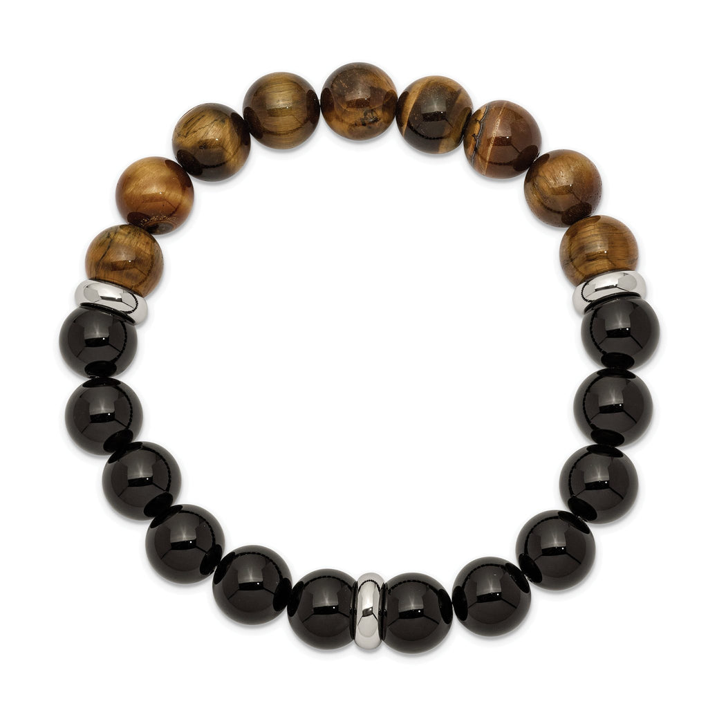 Stainless Steel Polished 10.5mm Black Agate and Tiger's Eye Beaded Stretch Bracelet for Men