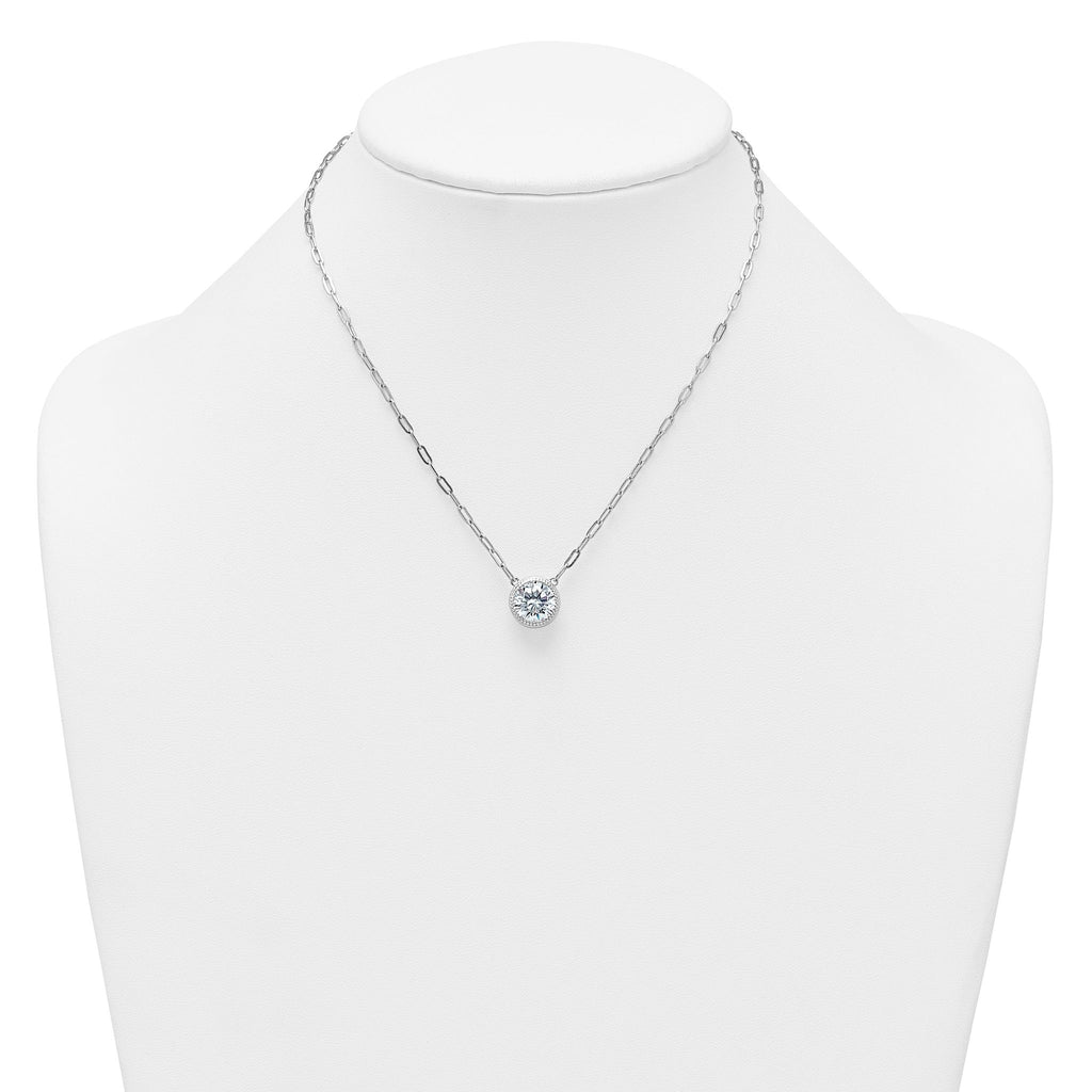 Sterling Silver Rhodium-plated Polished Round CZ with Paperclip Chain 16 inch with 2 inch Extension Necklace