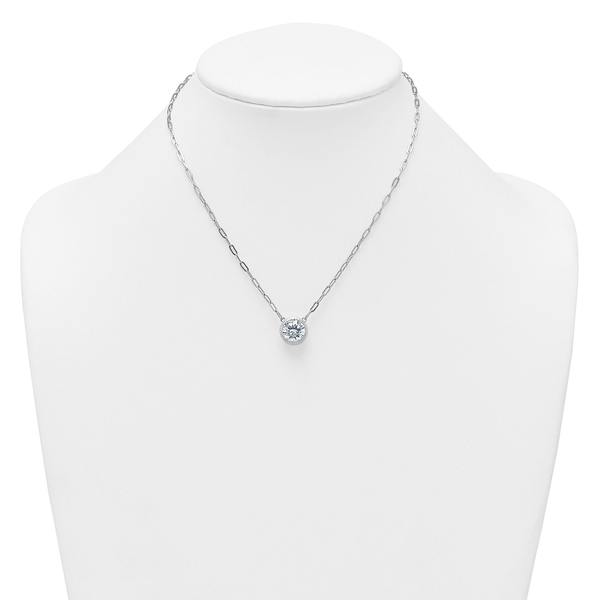 Sterling Silver Rhodium-plated Polished Round CZ with Paperclip Chain 16 inch with 2 inch Extension Necklace