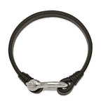 Stainless Steel Polished Shackle Black Leather Bracelet for Men