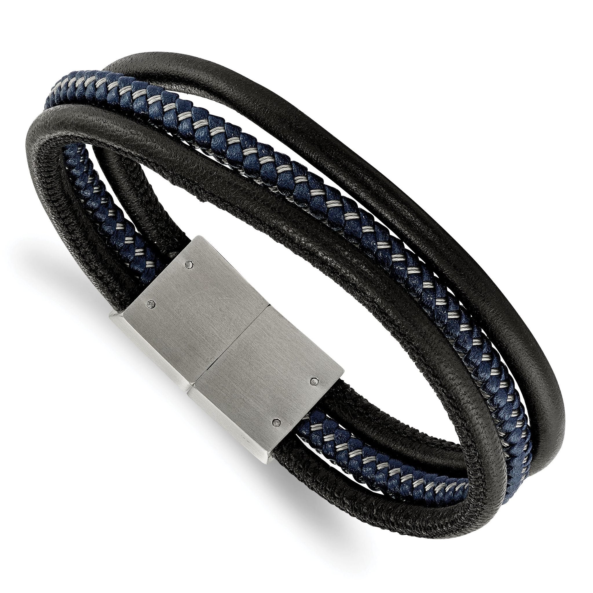 Stainless Steel Brushed Wire Multi Strand Black and Blue Braided Leather Bracelet for Men Main image