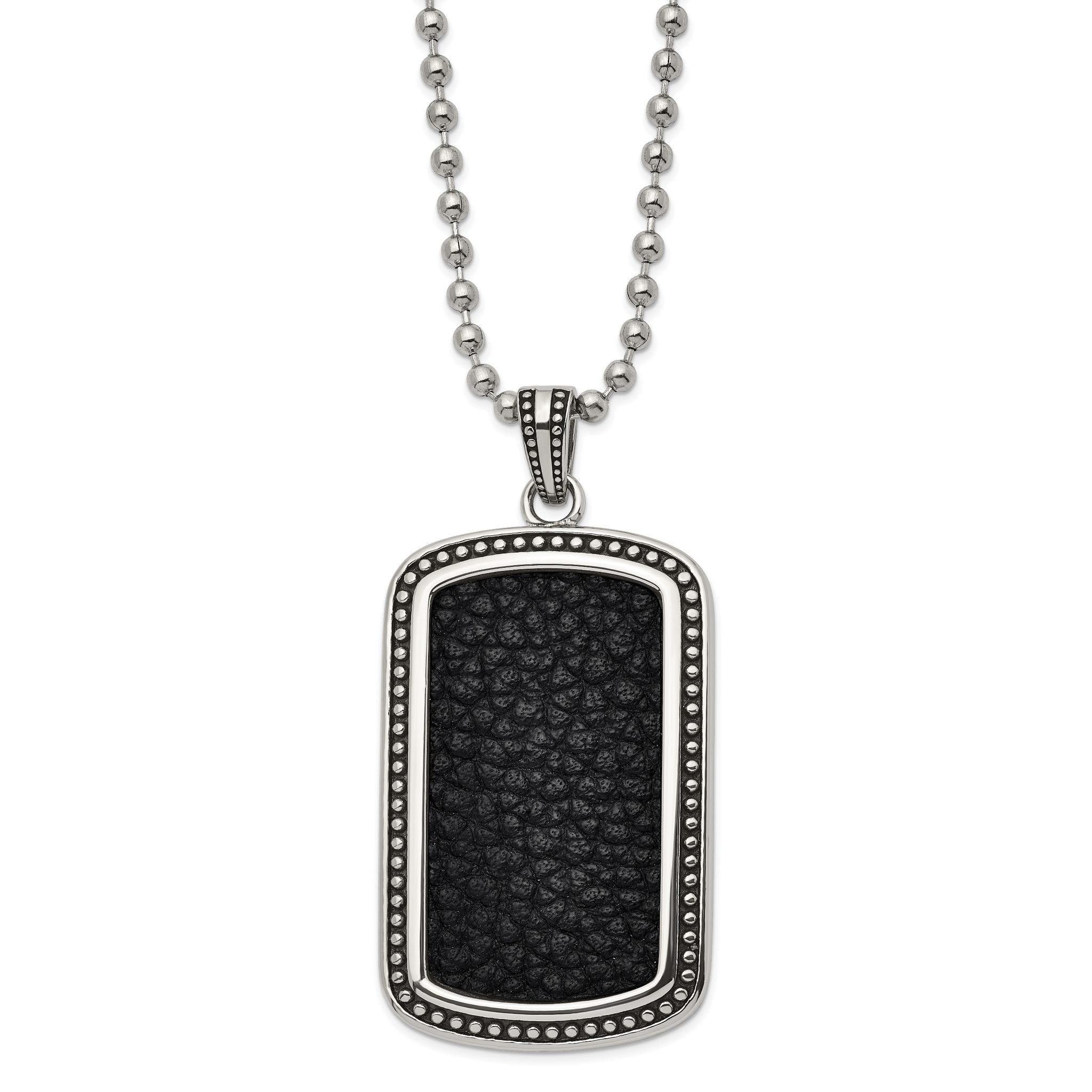 Chisel Stainless Steel Antiqued and Polished Black Textured Leather Inlay Dog Tag on a 22 inch Ball Chain Necklace