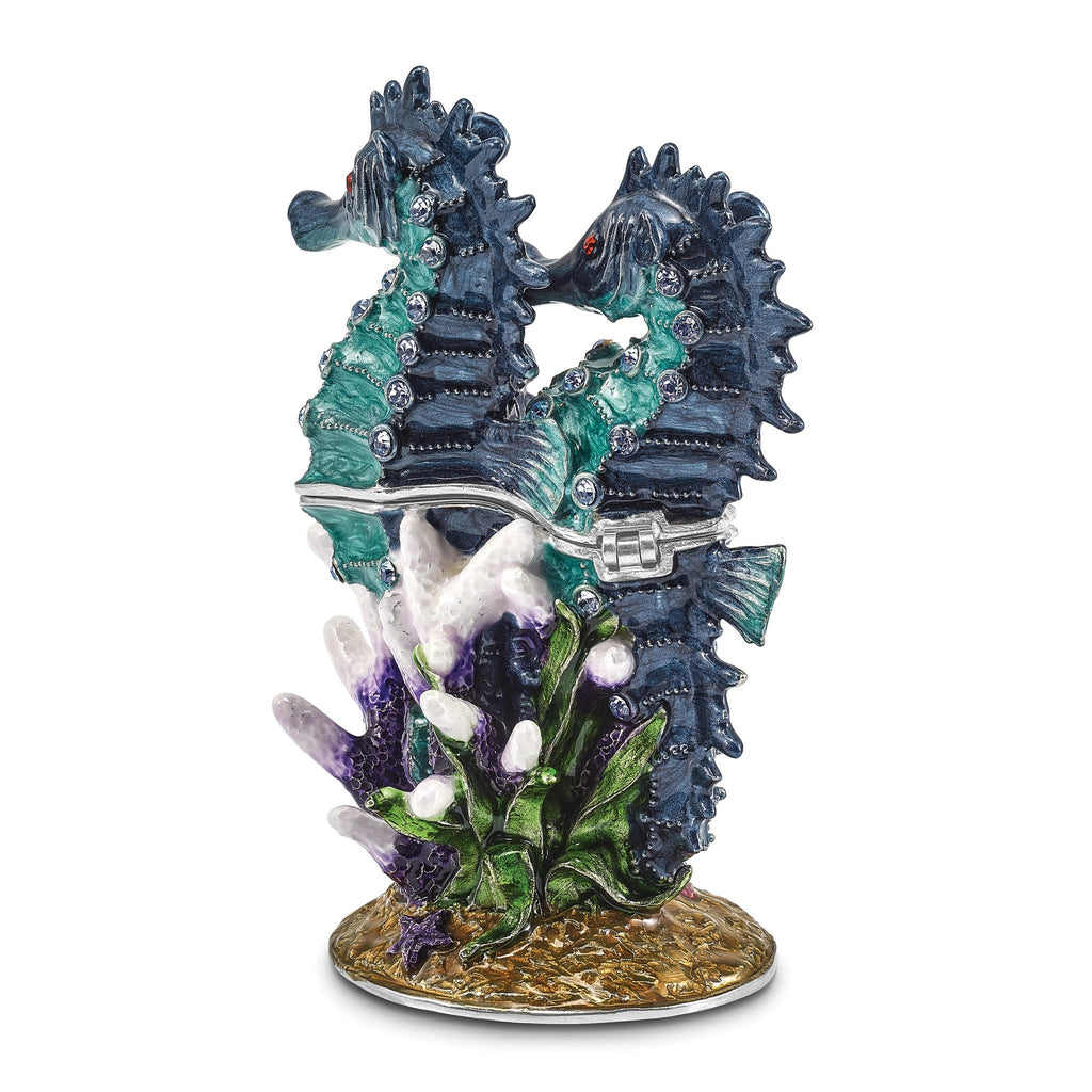 Luxury Giftware Pewter Bejeweled Crystals Silver-tone Enameled ECHO Twin Sea Horse Trinket Box with Matching 18 Inch Necklace