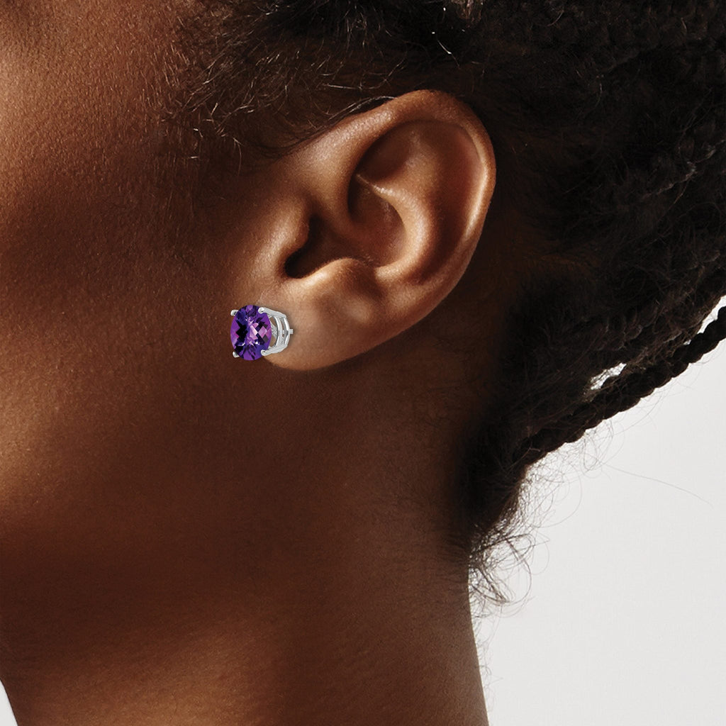 14k White Gold 8mm Amethyst Checker Earrings