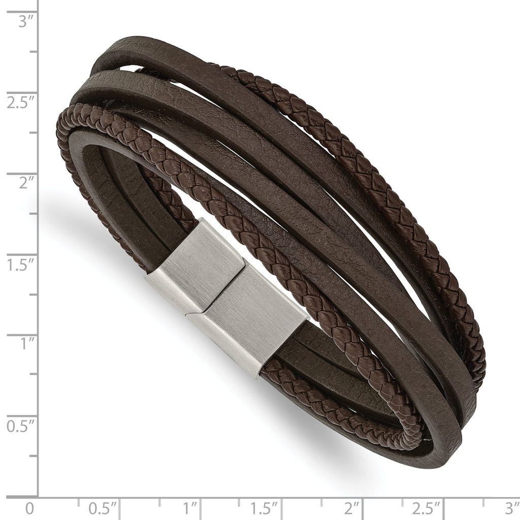 Stainless Steel Brushed Multi Strand Brown Leather Bracelet