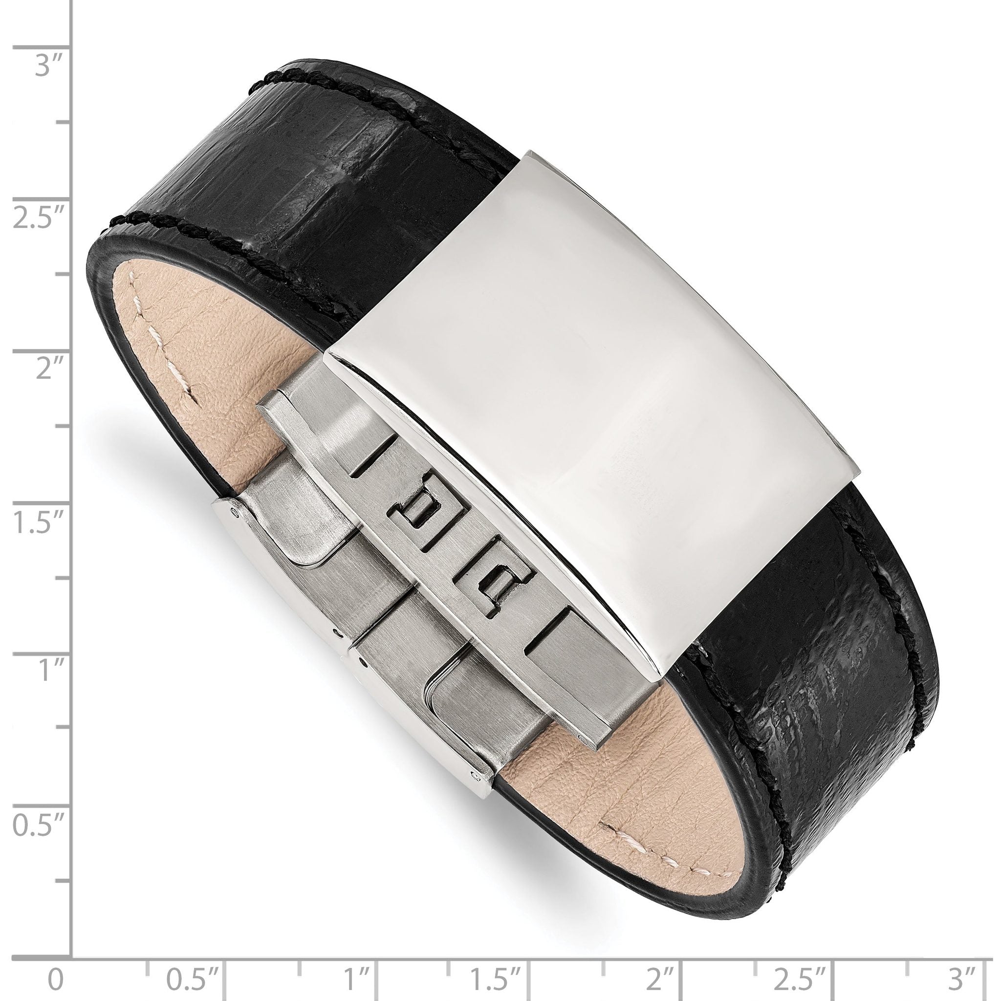 Stainless Steel Polished Black Leather ID Bracelet for Men
