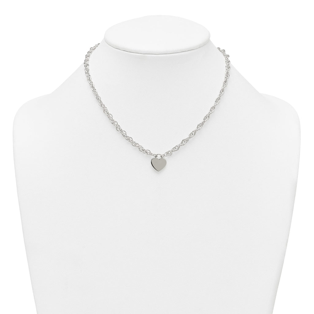 Sterling Silver Polished Fancy Engravable Heart Disc on Rope Chain 16 Inch with 2 Inch Extension Necklace