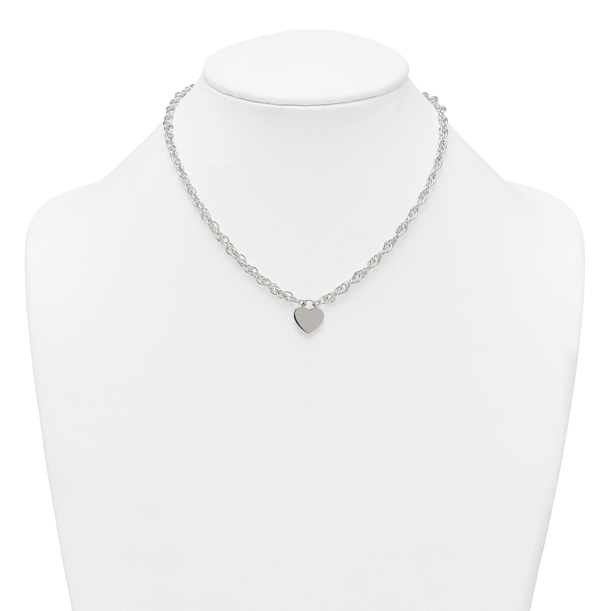 Sterling Silver Polished Fancy Engravable Heart Disc on Rope Chain 16 Inch with 2 Inch Extension Necklace