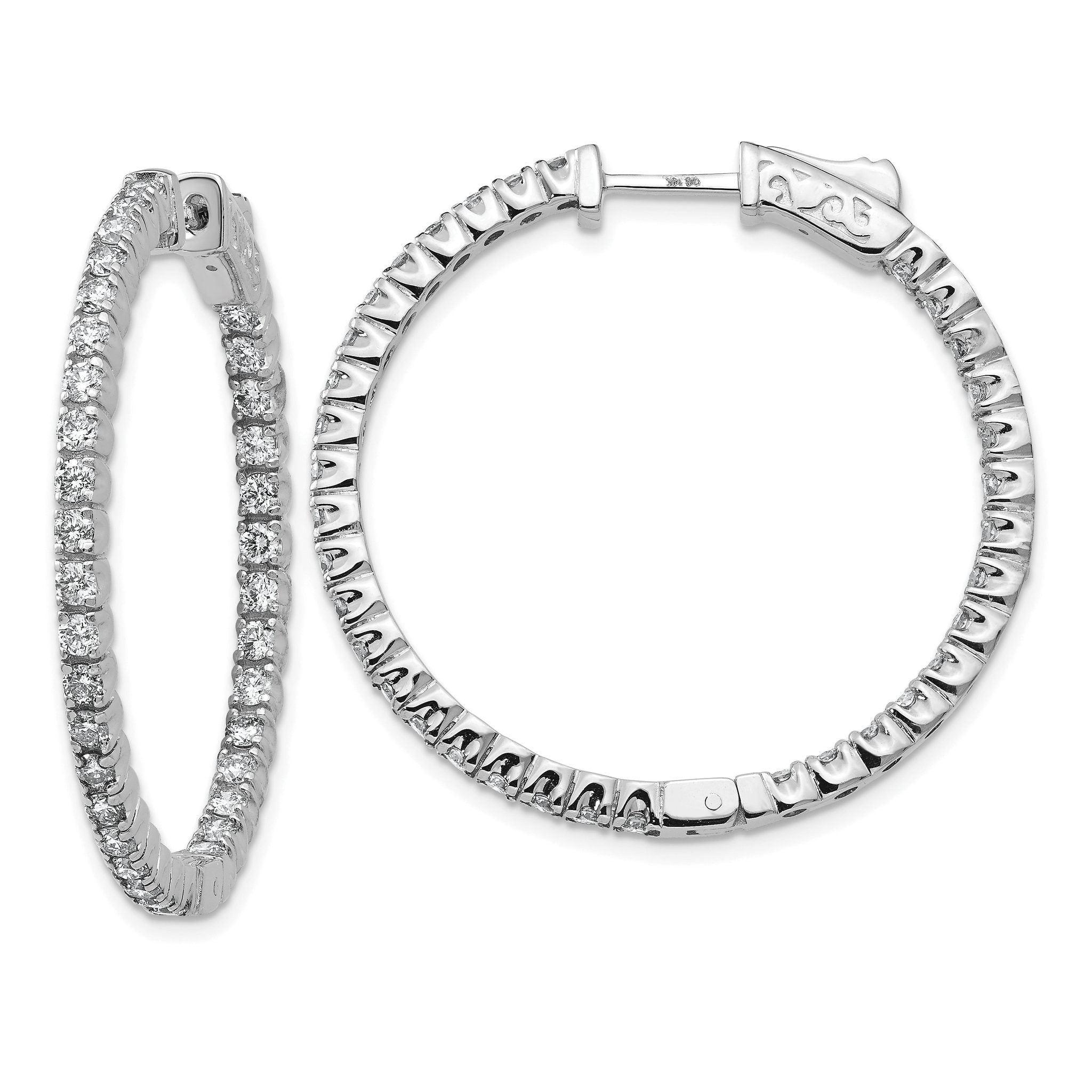 14k White Gold Diamond Round Hoop w/Safety Clasp Earrings Main image