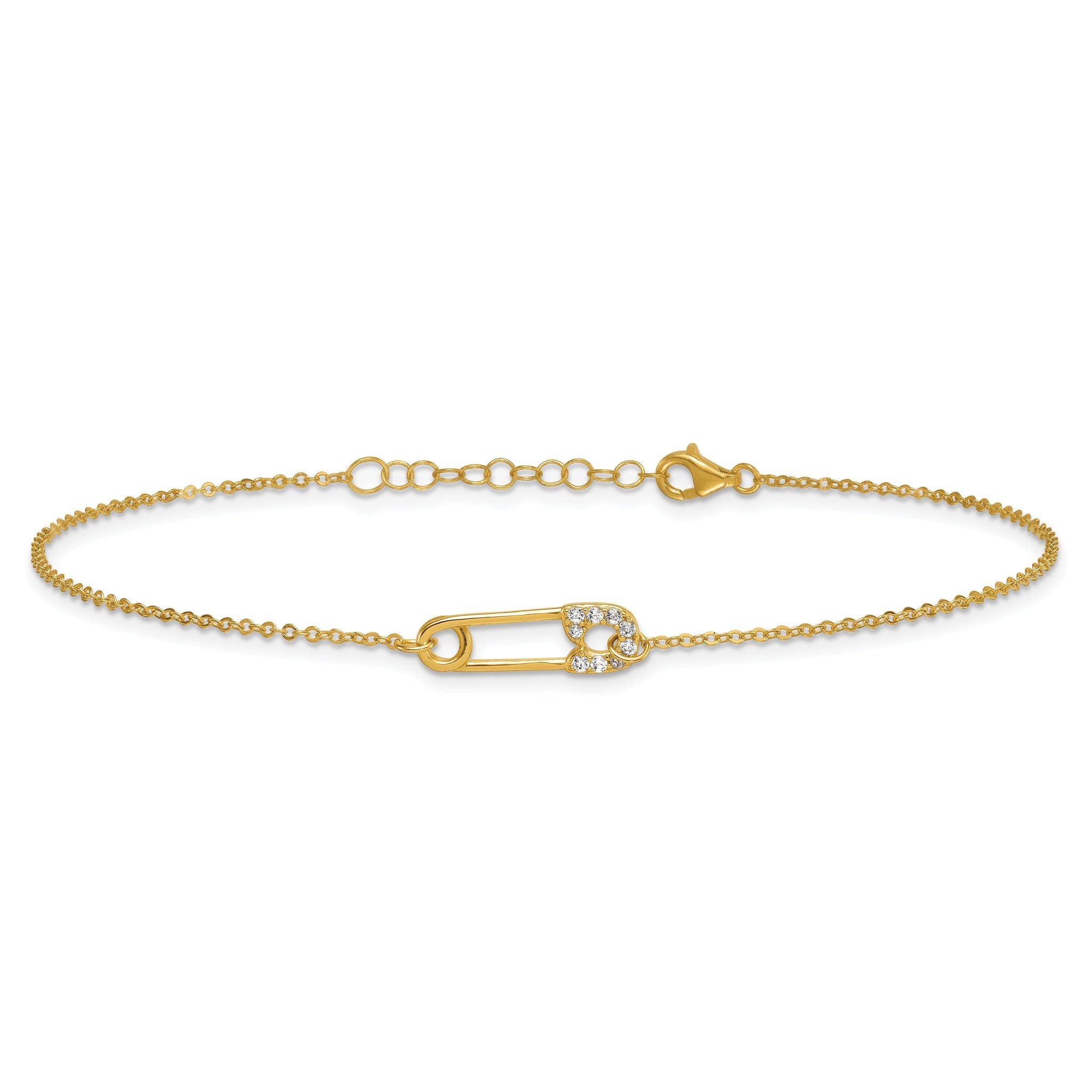 Sterling Silver Gold-tone CZ Safety Pin 9 inch Plus 1 inch Extender - Total 10 inch Anklet